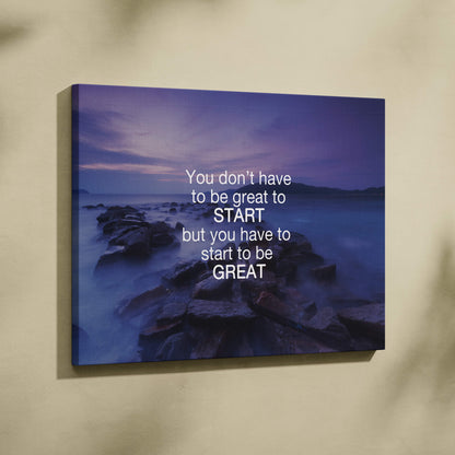 Motivational ocean quote canvas wall art with serene twilight coastal scene in blue purple hues for office bedroom decor