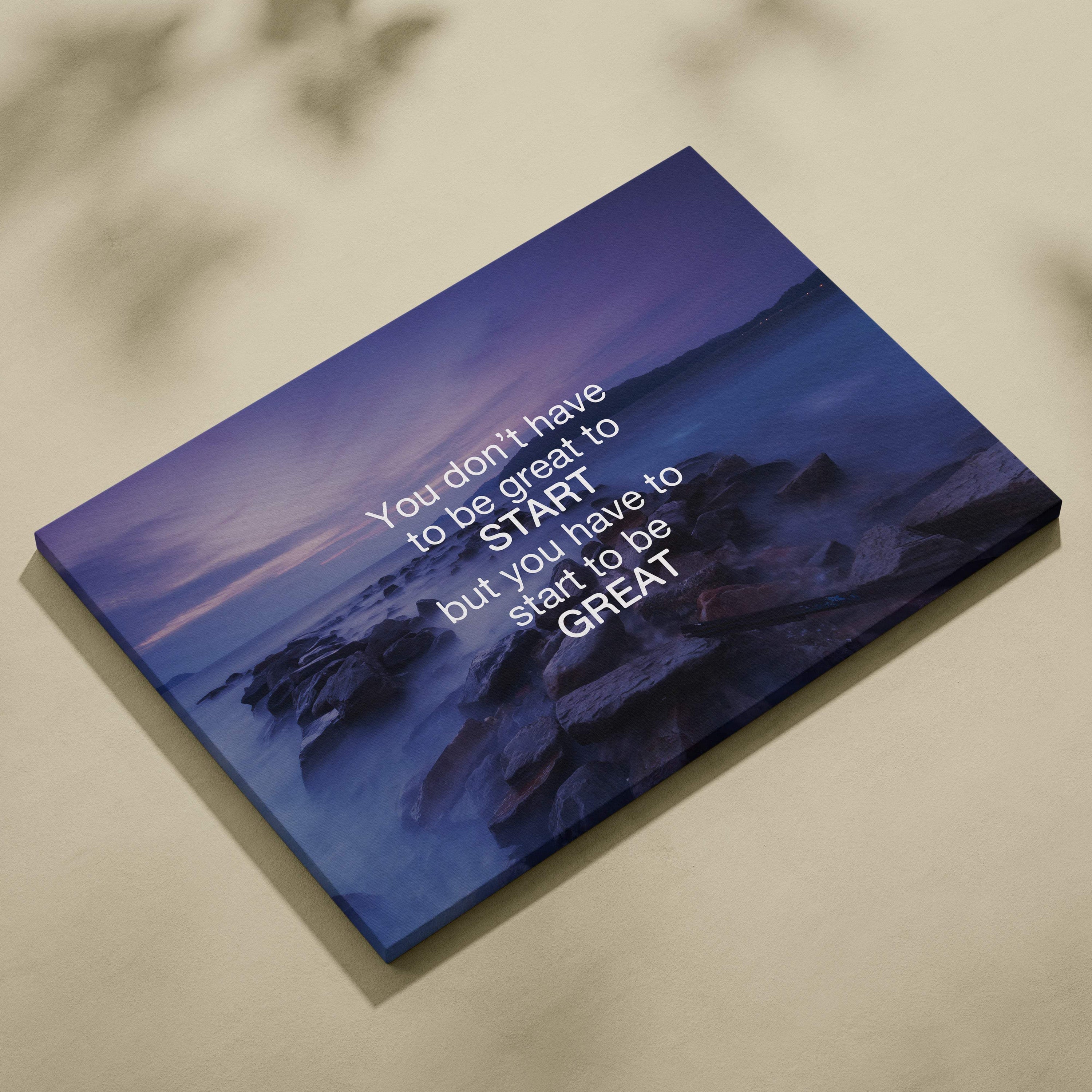 Motivational ocean quote canvas wall art with deep blue and purple coastal scene and inspiring white text for home decor