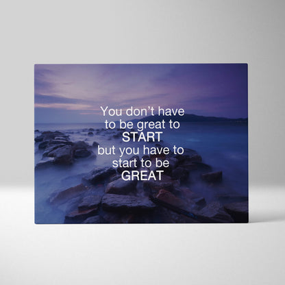 Motivational ocean quote canvas wall art with white text on a twilight coastal scene of rocks and water for home decor