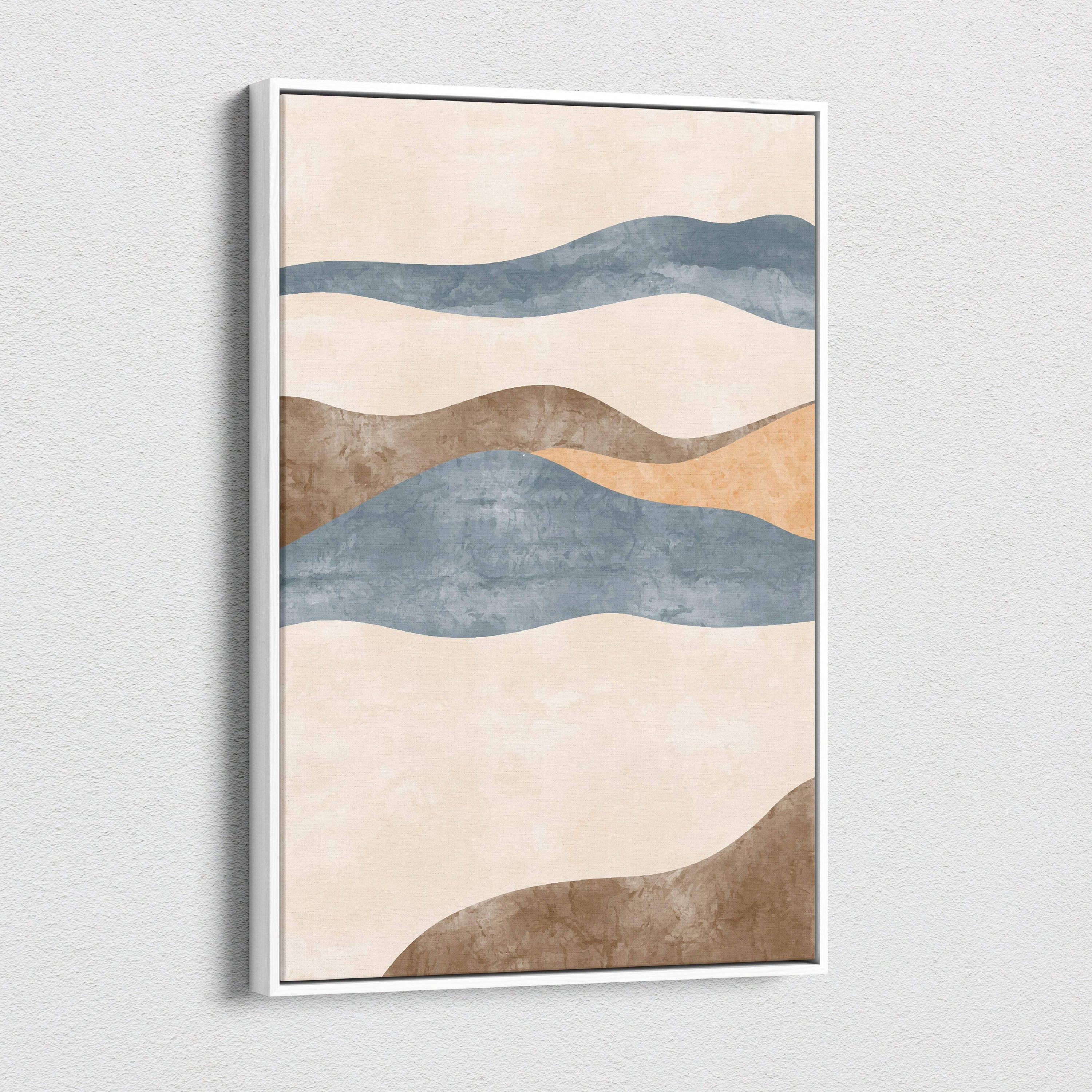 Modern abstract wall art with flowing blue and brown waves on beige canvas framed in white for boho coastal decor