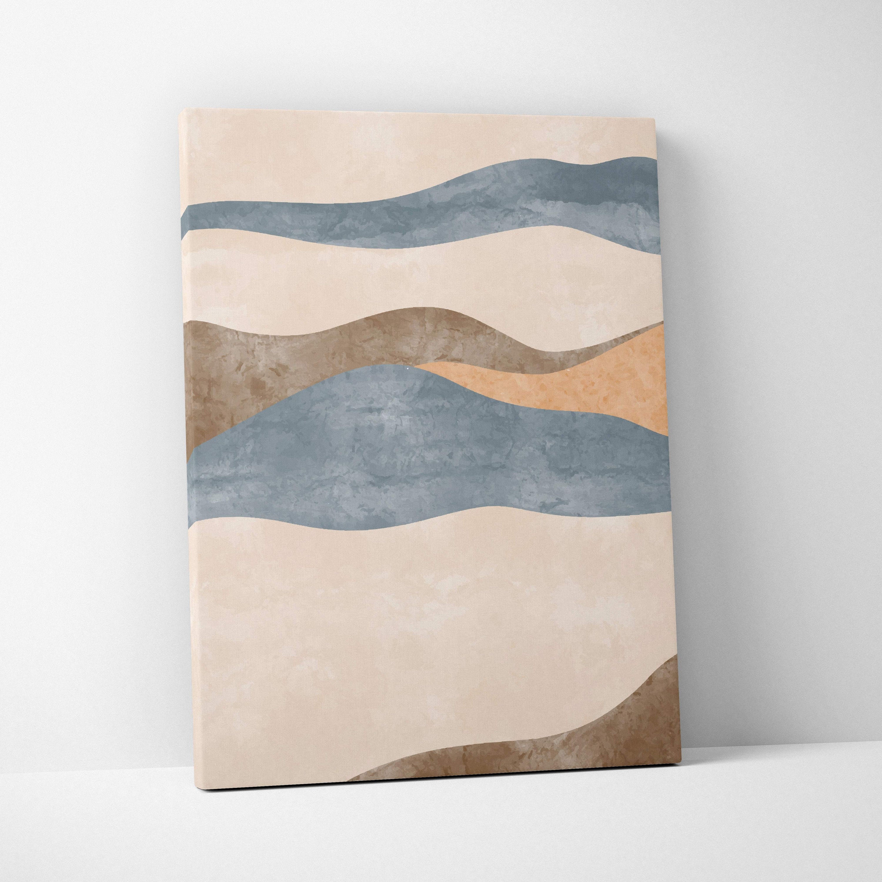 Beige canvas wall art with abstract wavy bands in soft blue tan and warm brown earth tones for boho decor