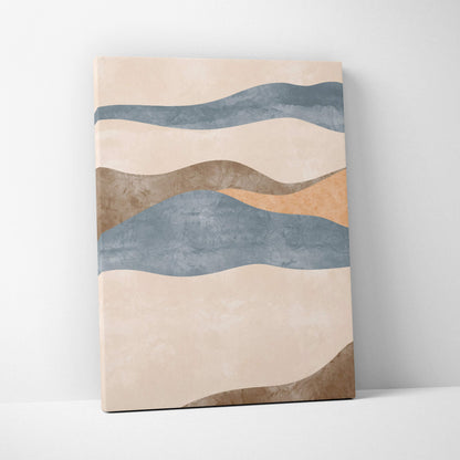 Beige canvas wall art with abstract wavy bands in soft blue tan and warm brown earth tones for boho decor
