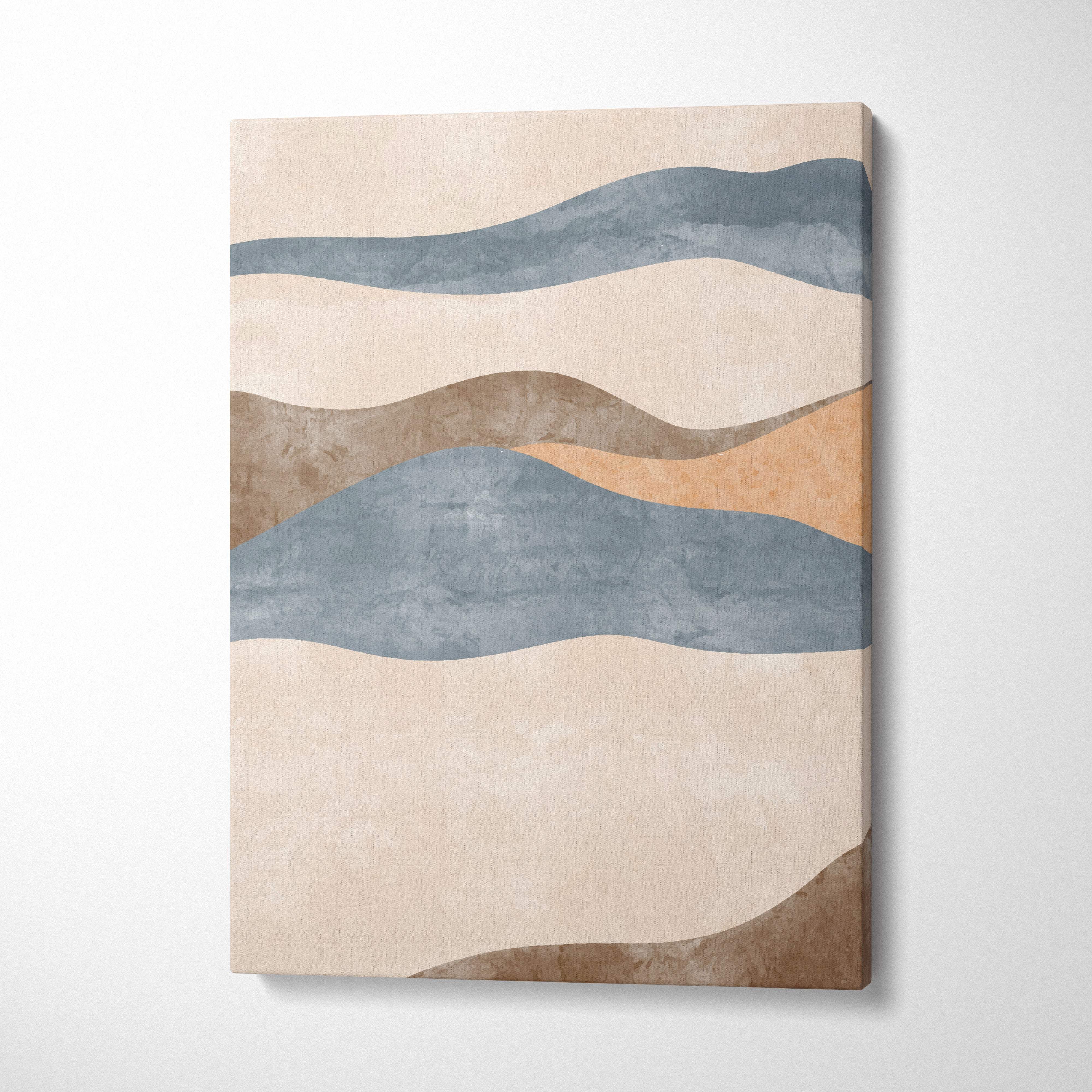 Beige canvas art with abstract wavy bands in muted blue tan and earthy brown tones for boho living room decor