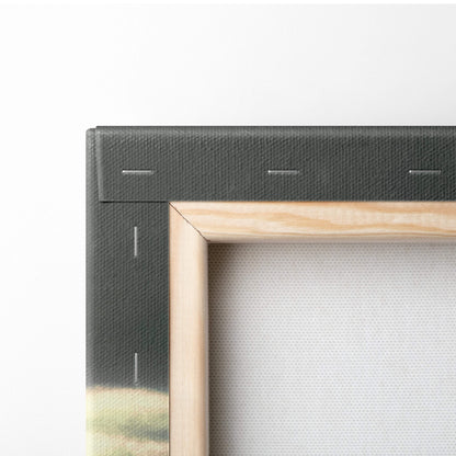Light-colored wooden frame with dark green canvas backing and visible stitching on contemporary surreal wall art product back