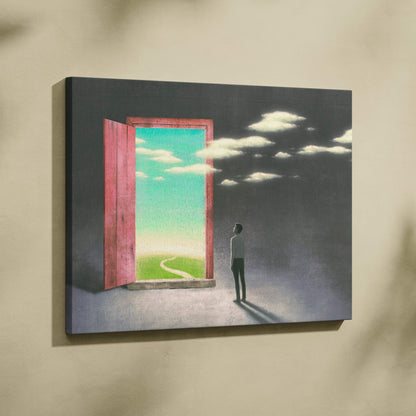Contemporary rectangular canvas wall art featuring a surreal figure and open pink door to bright green field