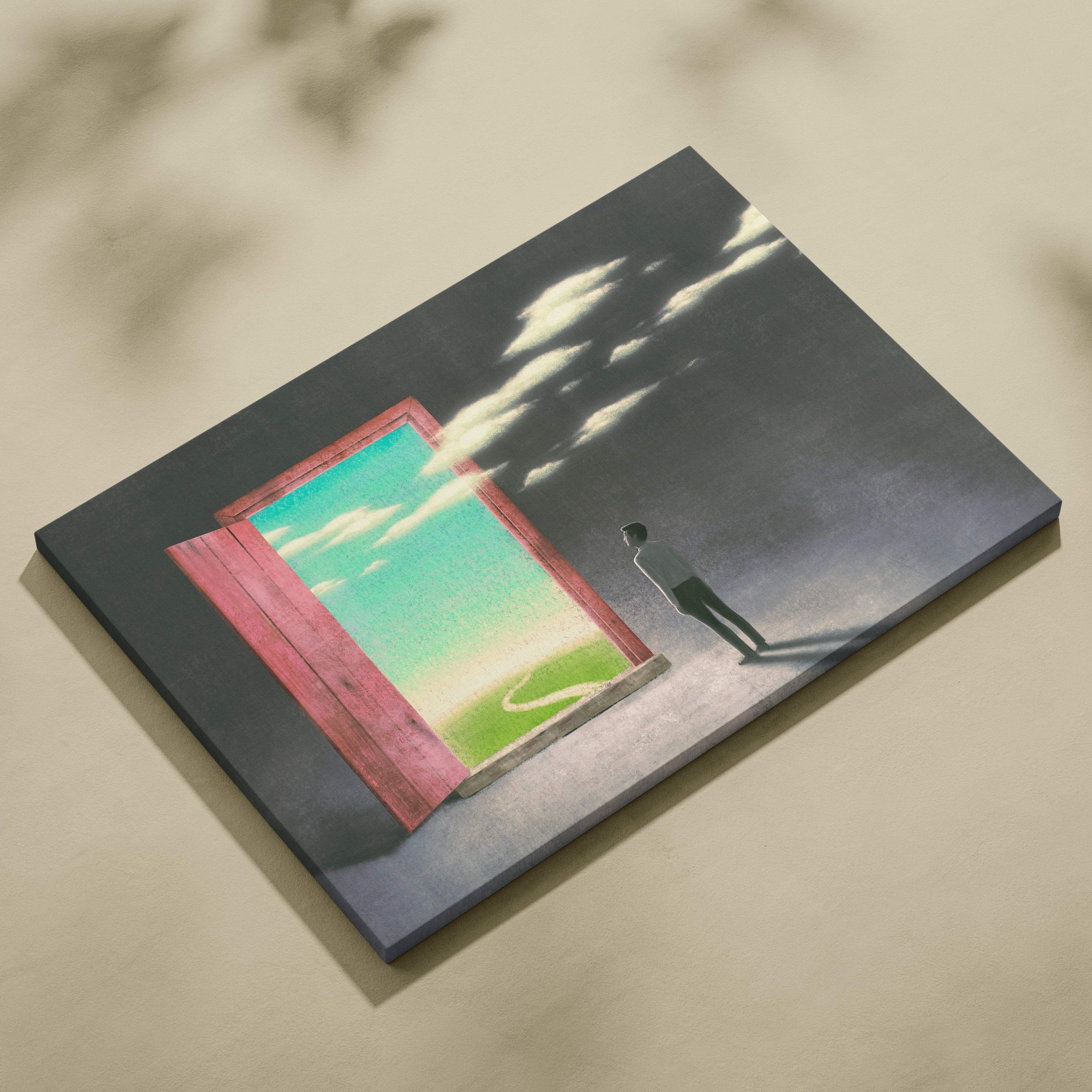 Rectangular canvas print of contemporary open door wall art featuring a pink frame and moody surreal landscape