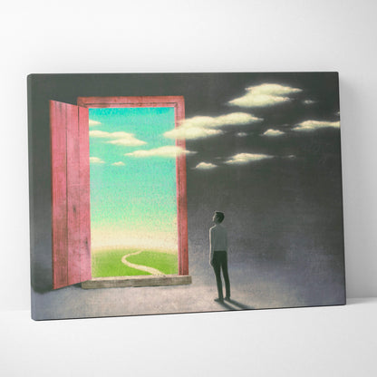 Contemporary rectangular canvas print with a weathered red door opening to a bright green landscape under teal sky and dark clouds