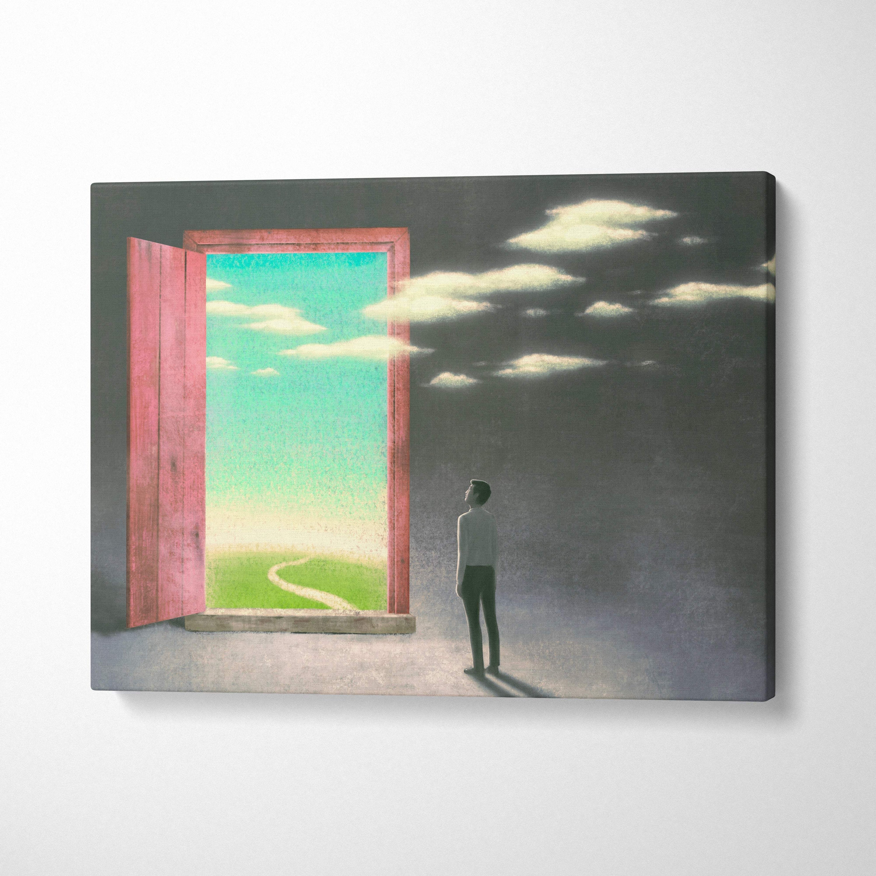 Contemporary rectangular canvas wall art featuring a surreal figure by an open reddish-pink door to a vibrant green landscape
