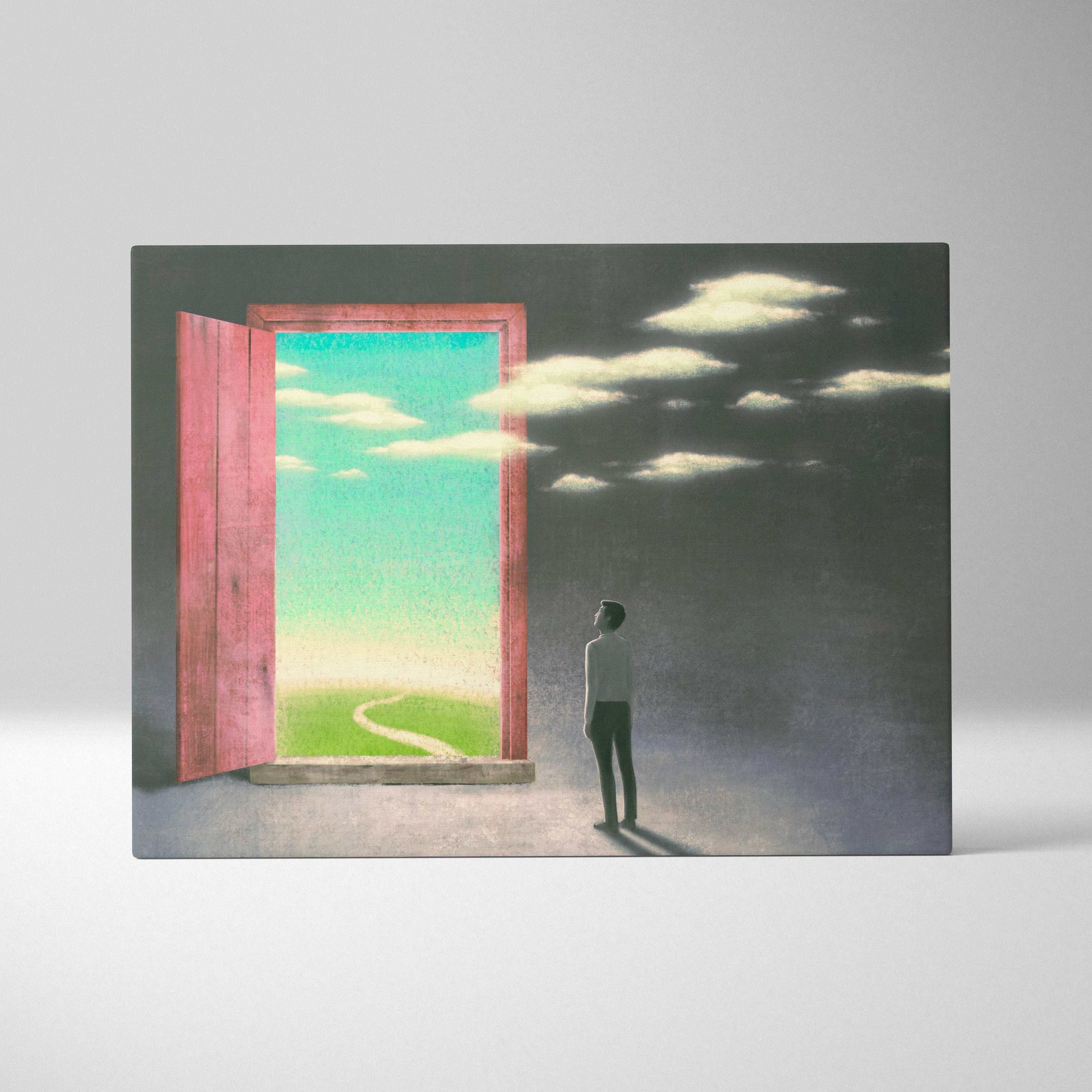 Contemporary rectangular canvas wall art of a man before a red door to a green landscape under a teal sky