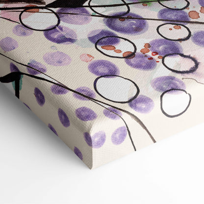 A canvas print featuring abstract watercolor circles in purple and brown with black outlines on a cream background