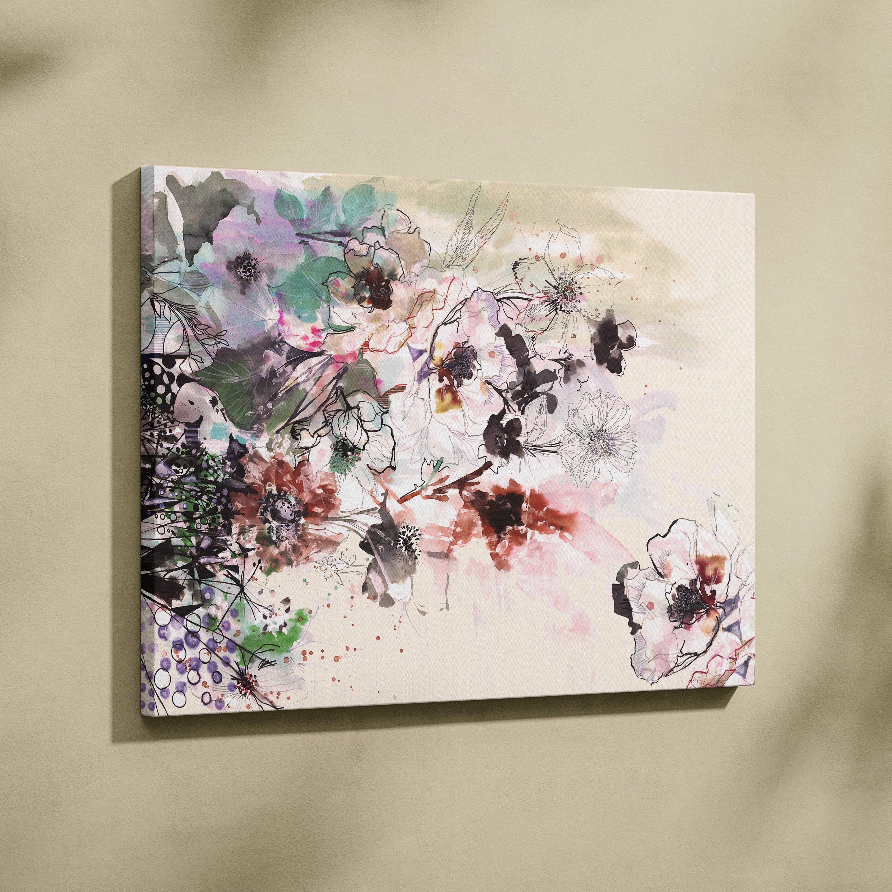 Abstract floral ink wash painting style canvas print with soft pastel pink lavender and muted green blossoms on creamy background