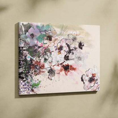 Abstract floral ink wash painting style canvas print with soft pastel pink lavender and muted green blossoms on creamy background
