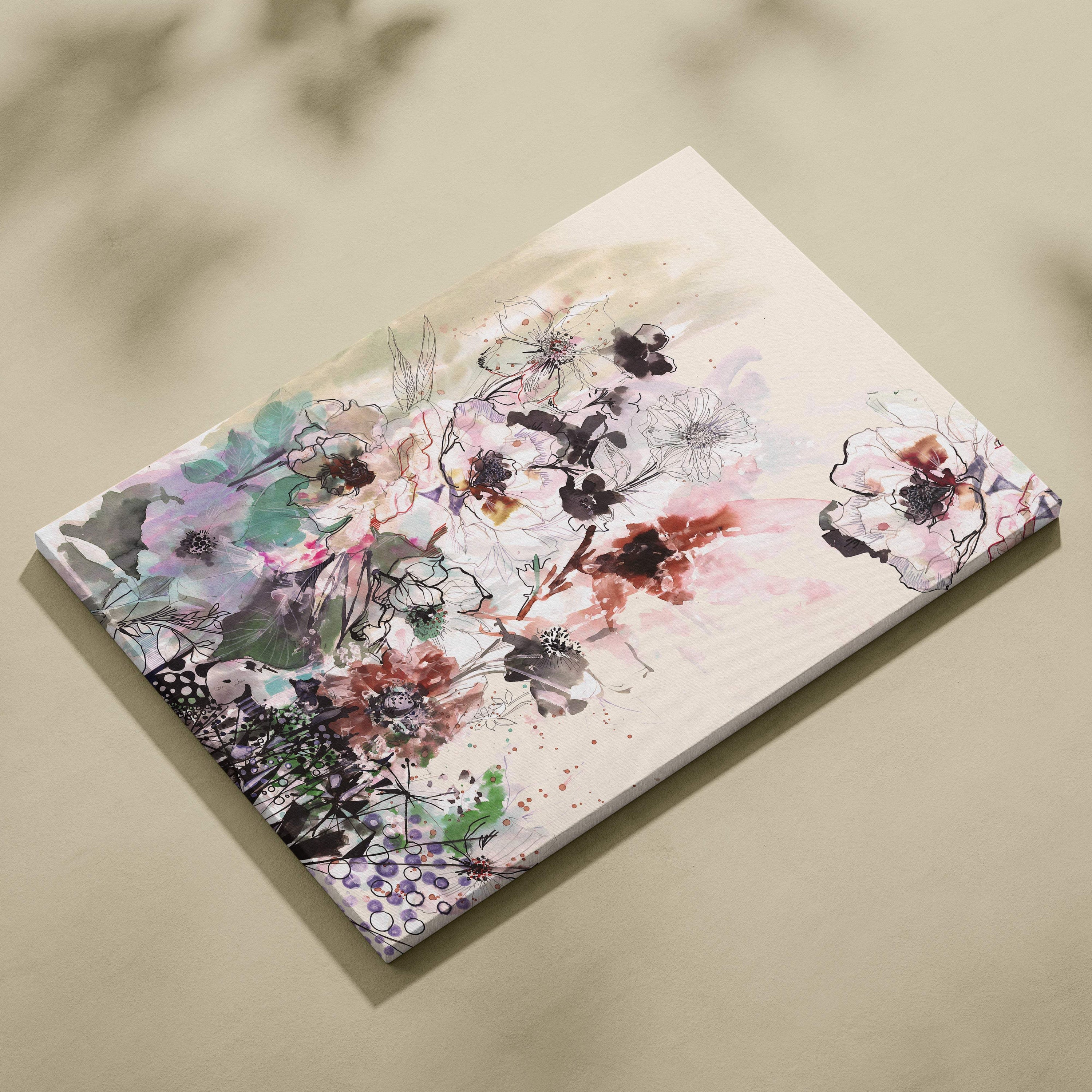 A rectangular canvas print featuring a modern watercolor floral design with pink lavender and teal blossoms on cream