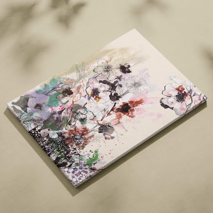 A rectangular canvas print featuring a modern watercolor floral design with pink lavender and teal blossoms on cream