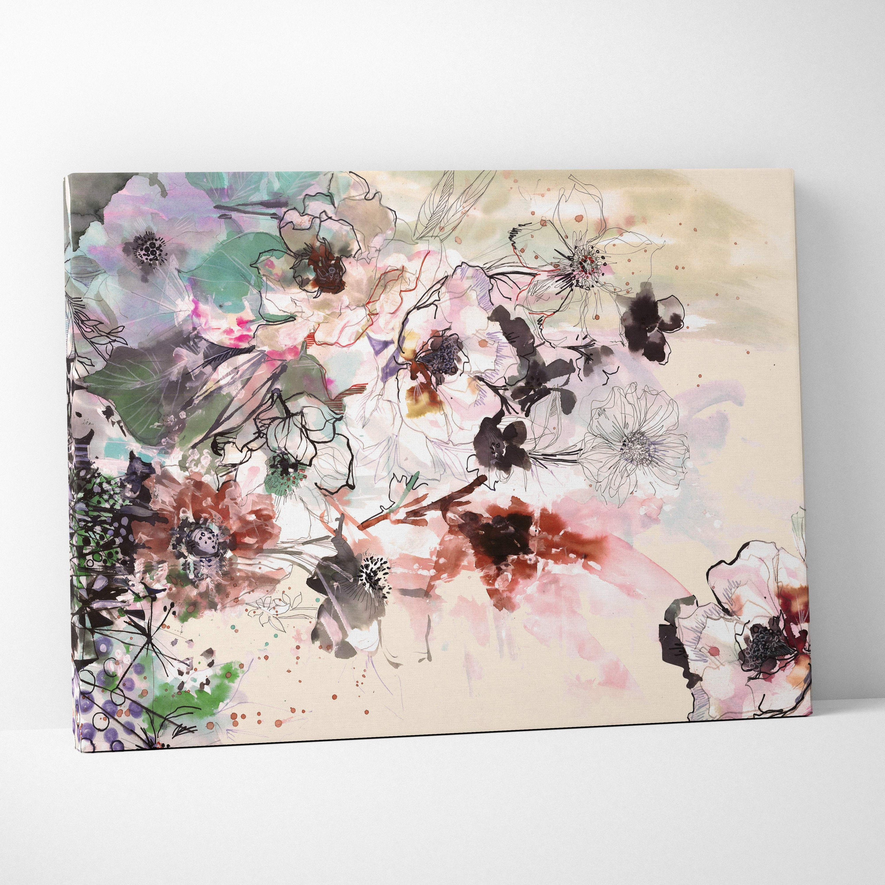 Abstract floral ink wash painting style canvas print featuring soft watercolor blossoms in muted pinks greens and browns