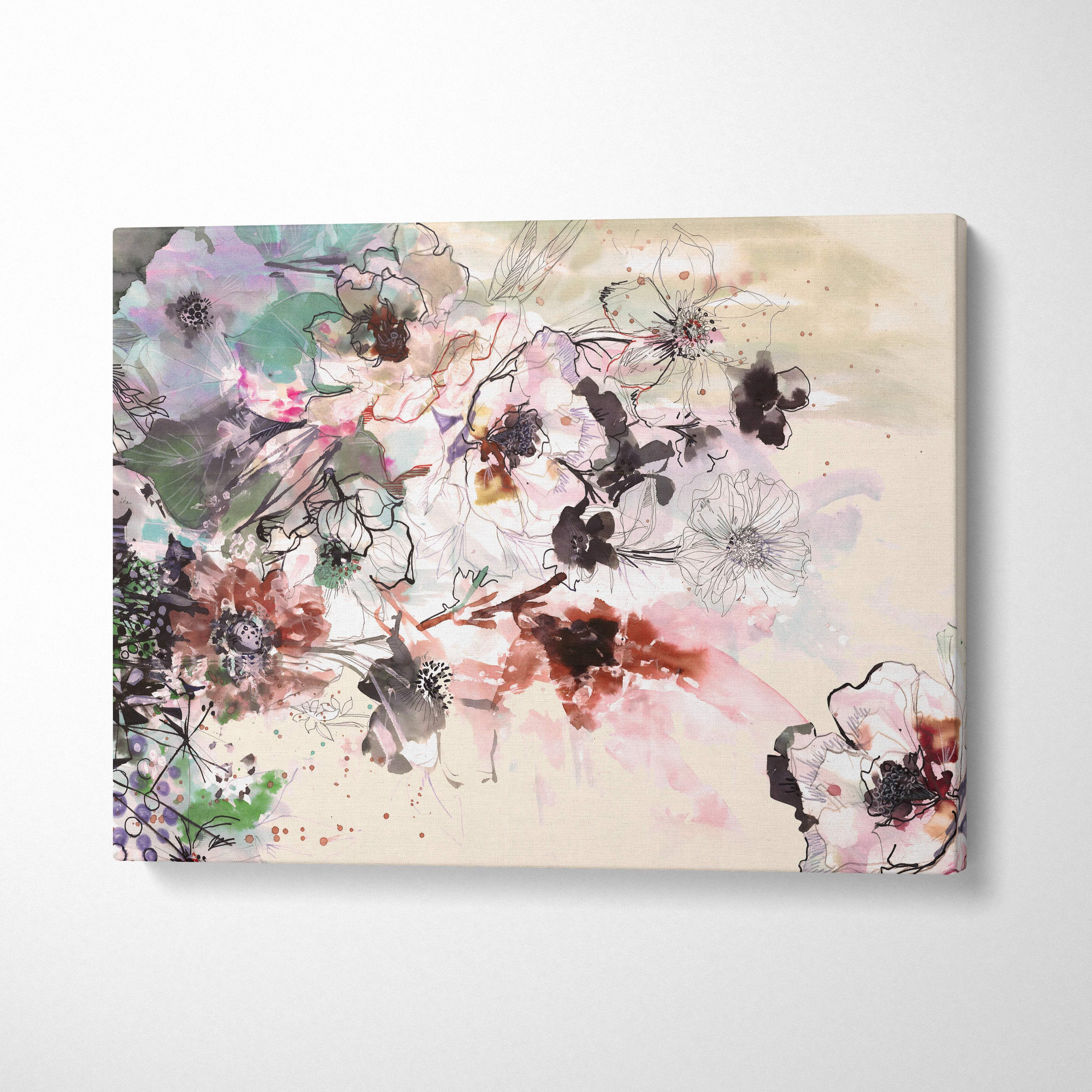 A soft watercolor floral canvas print with delicate pink, purple, and green blossoms on an off-white background