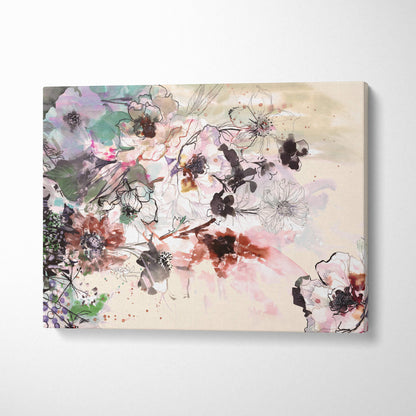 A soft watercolor floral canvas print with delicate pink, purple, and green blossoms on an off-white background