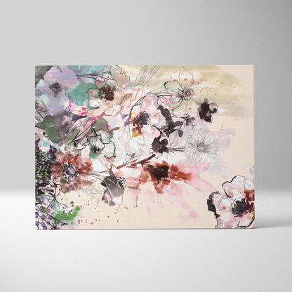 Abstract floral ink wash painting style canvas print with soft pastel blossoms and delicate brushstrokes on cream background