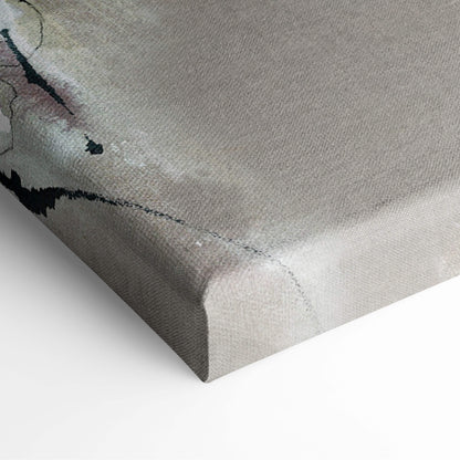 Muted floral spray painting style wall art canvas print with gray canvas and abstract black ink splatters on wooden frame
