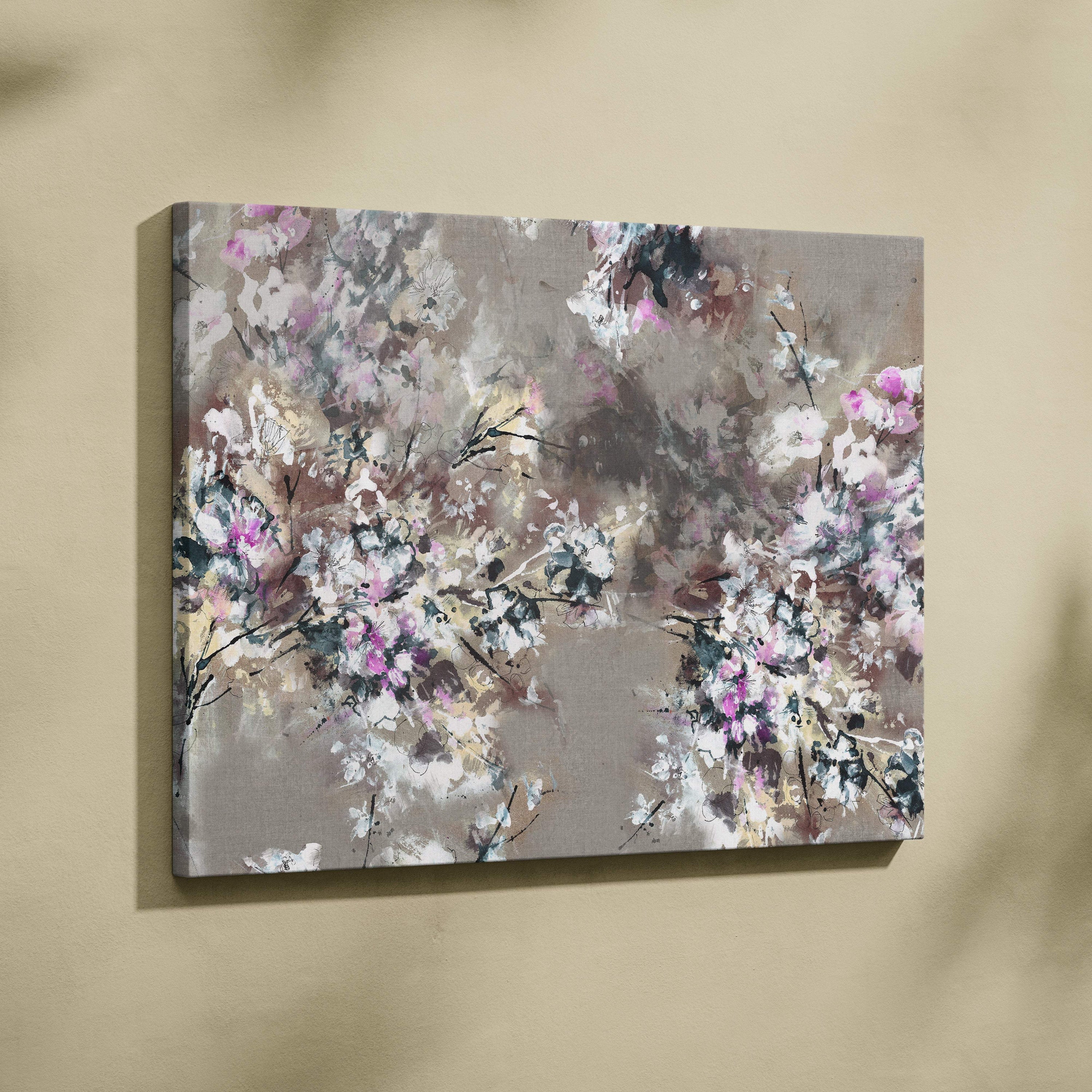 Rectangular canvas print of muted floral spray painting featuring soft pink white and gray blossoms with black brushstrokes