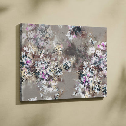Rectangular canvas print of muted floral spray painting featuring soft pink white and gray blossoms with black brushstrokes