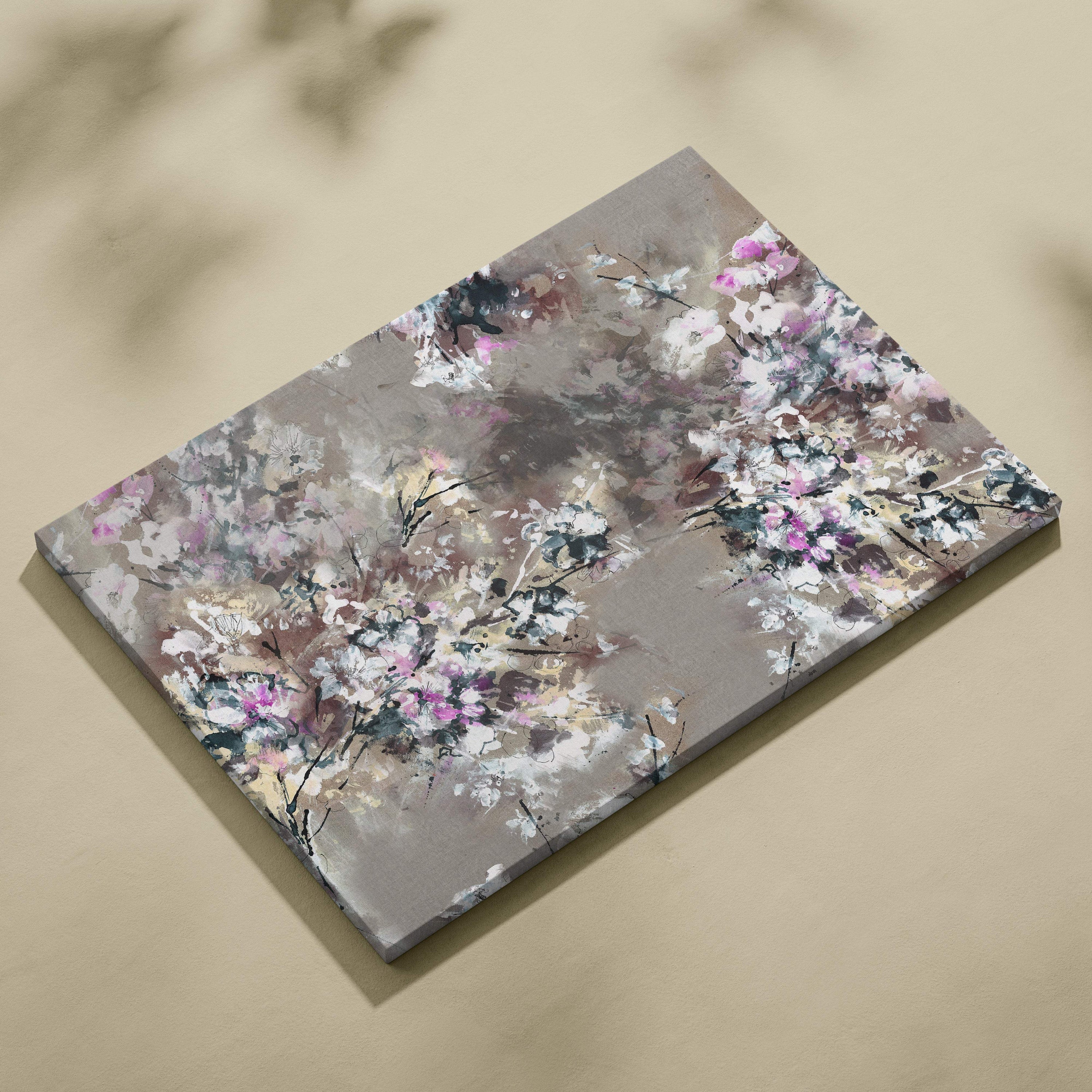 Rectangular canvas print featuring an abstract floral painting with soft pink white and gray blossoms on taupe background