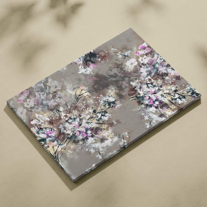 Rectangular canvas print featuring an abstract floral painting with soft pink white and gray blossoms on taupe background