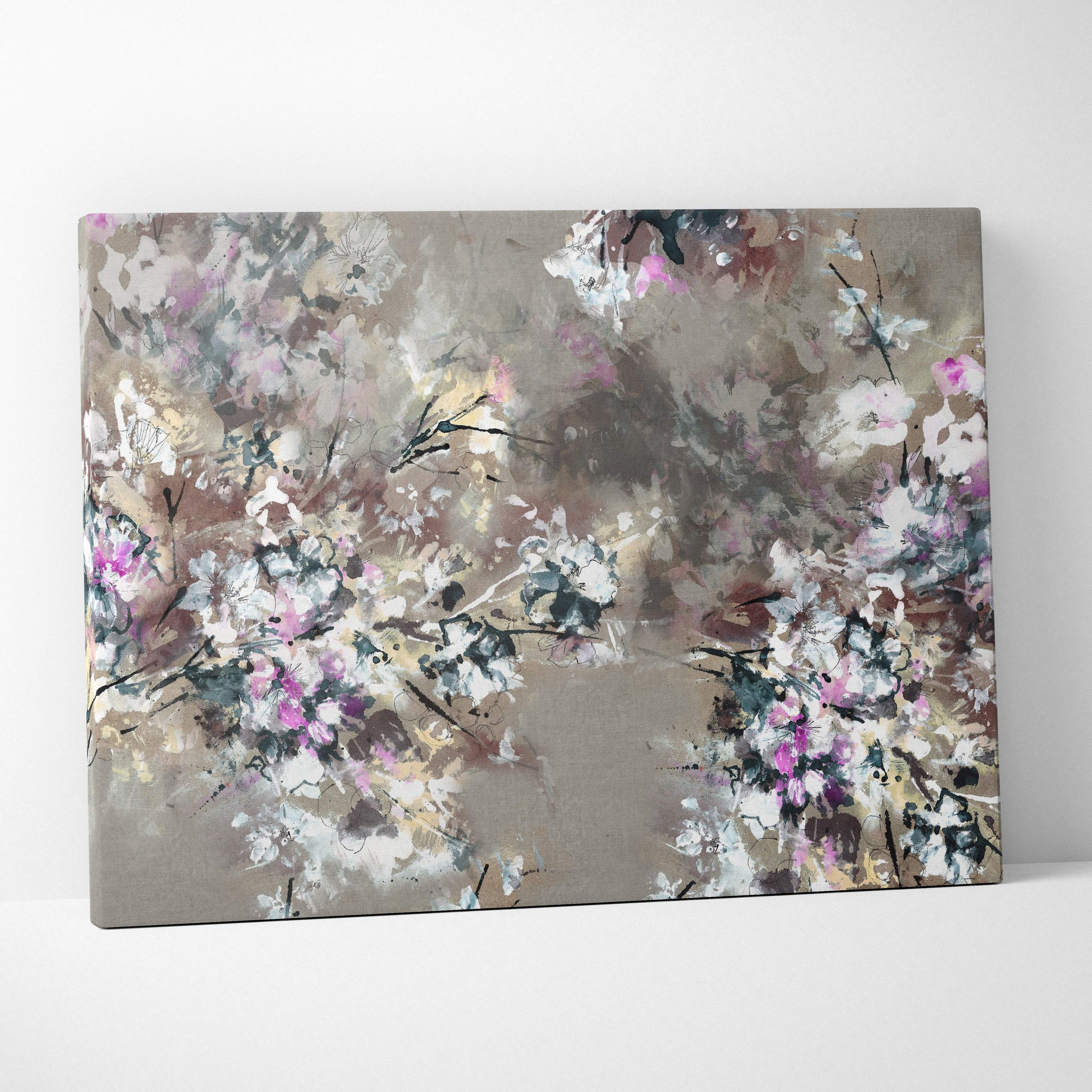 Abstract floral canvas painting with soft pink white and muted gray blossoms on textured beige background wall art print