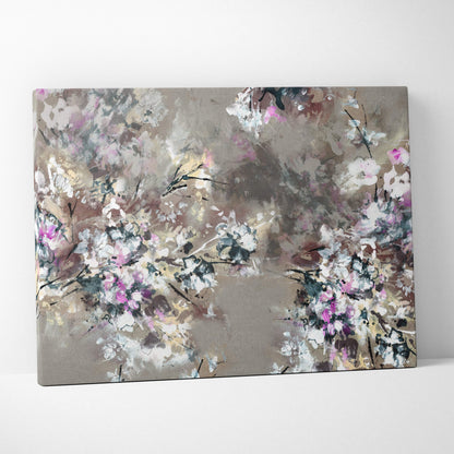 Abstract floral canvas painting with soft pink white and muted gray blossoms on textured beige background wall art print