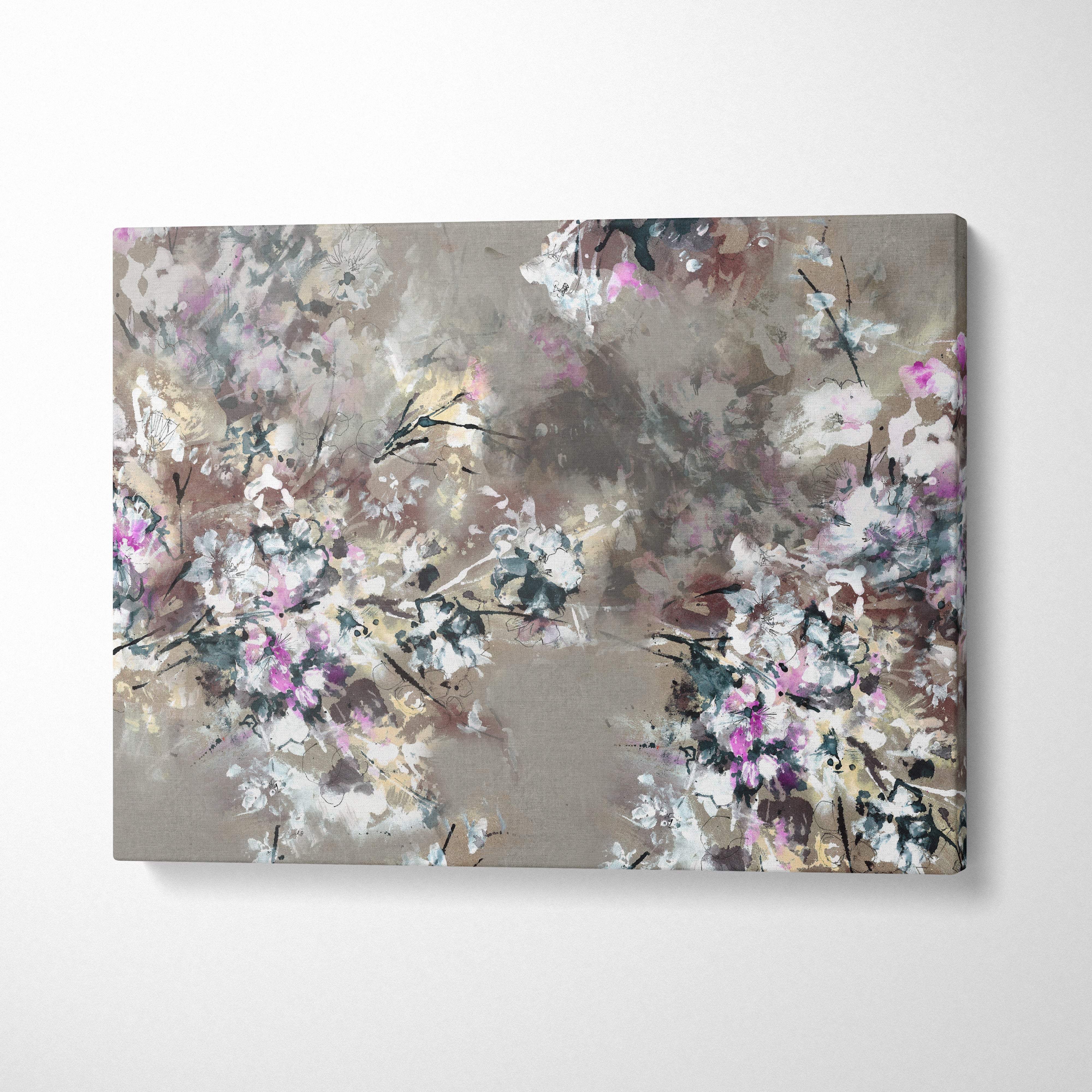 Abstract floral canvas painting with soft pink white and muted gray blossoms on textured beige background wall art