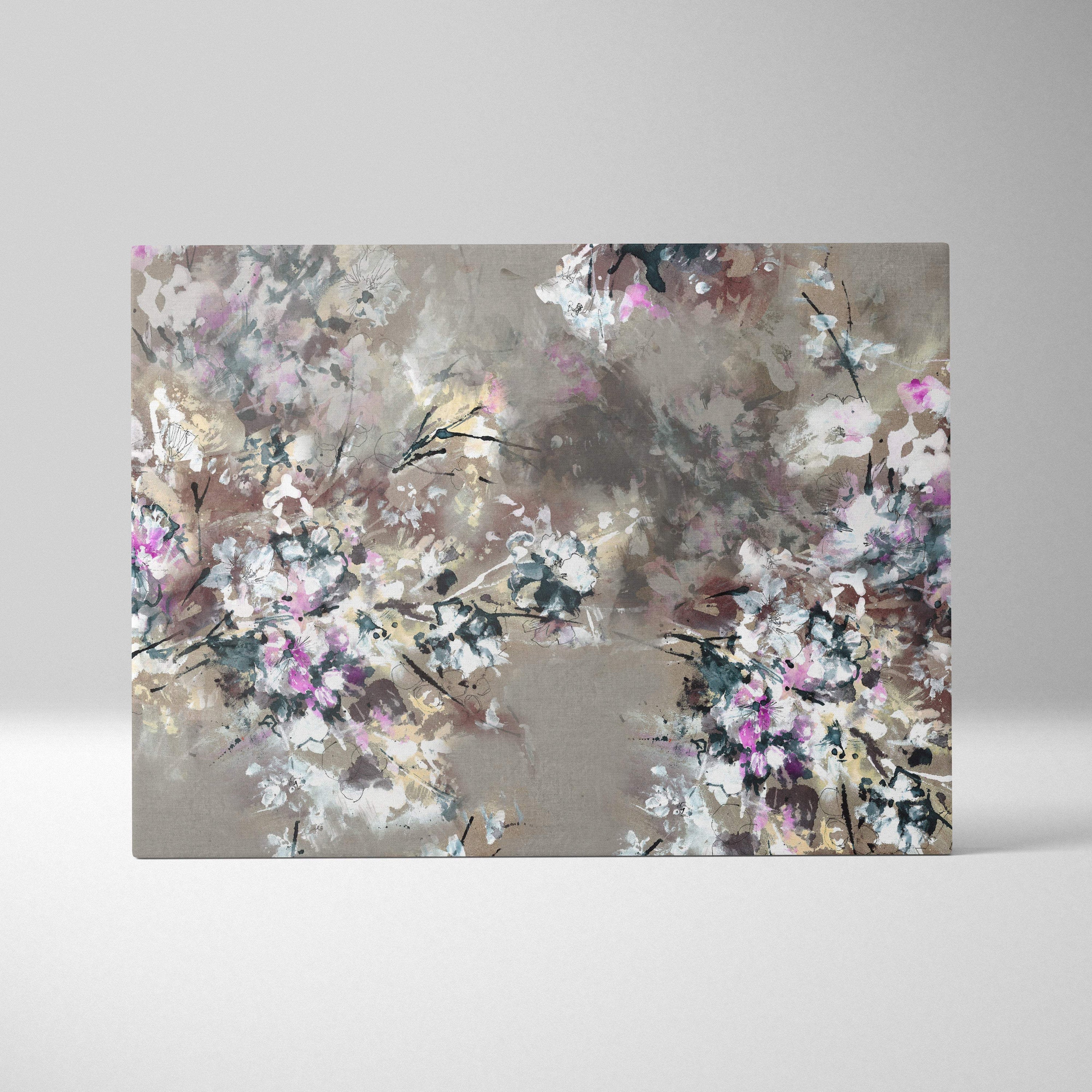 Abstract floral canvas painting with soft pink white and muted gray blossoms and black brushstrokes on textured surface
