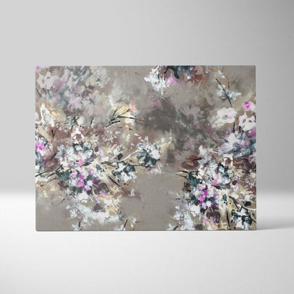 Abstract floral canvas painting with soft pink white and muted gray blossoms and black brushstrokes on textured surface