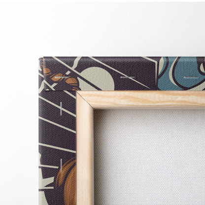 Kitsune mask pattern canvas wall art with light wood frame and dark teal brown cream abstract geometric design