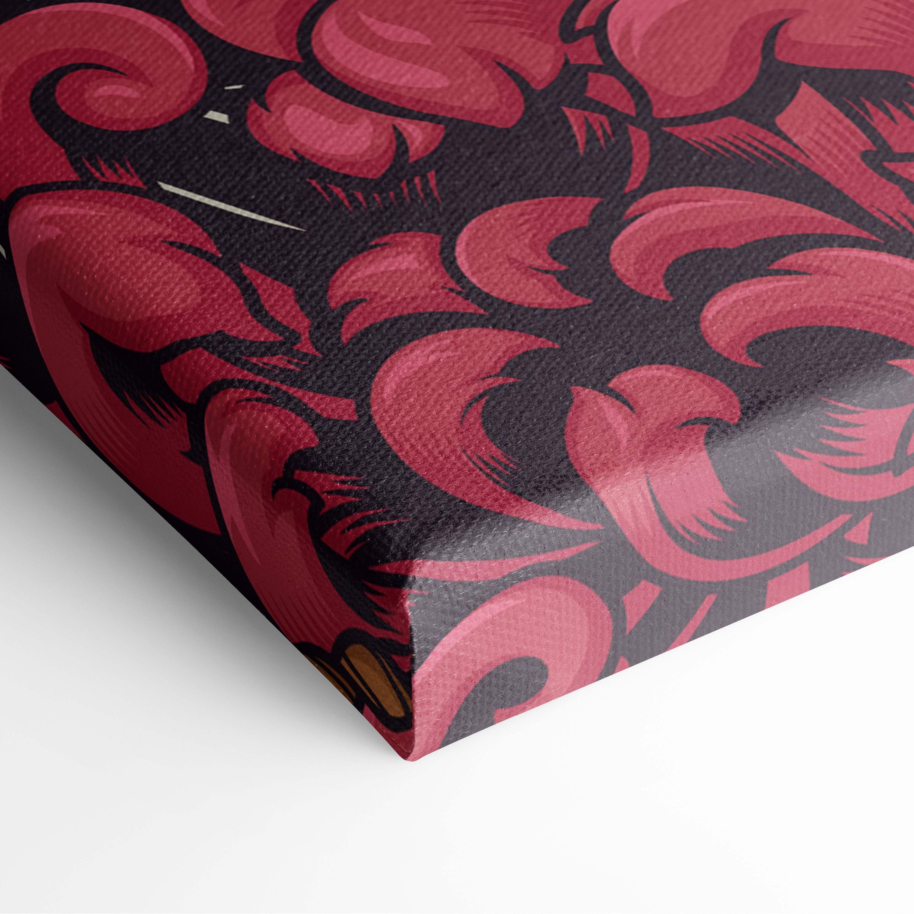 A vibrant red and black floral canvas print with bold petals in kitsune mask pattern for bedroom or game room decor