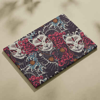 Kitsune mask pattern canvas wall art with stylized white fox masks red eyes and vibrant pink blue floral design on black background