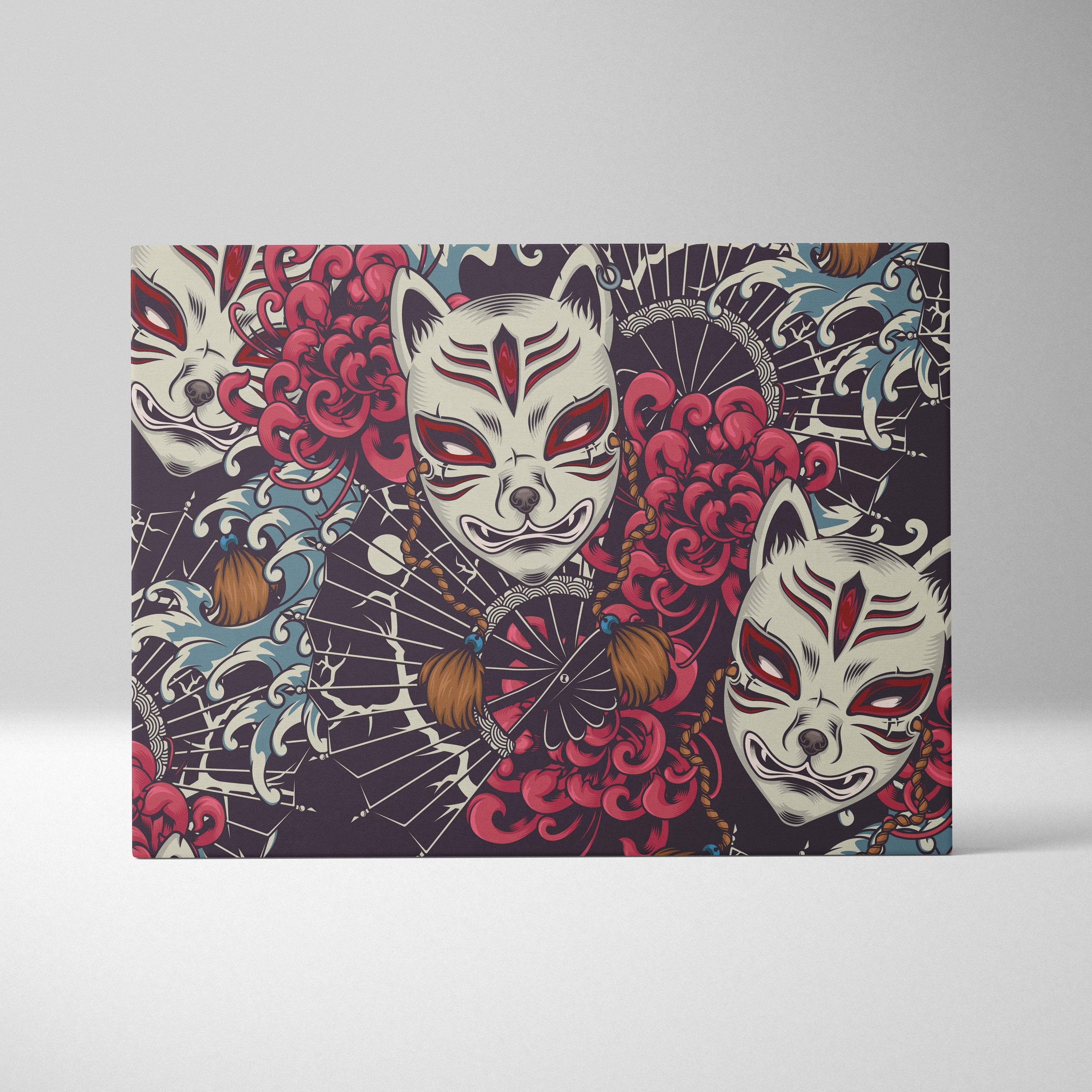 Kitsune mask pattern canvas wall art with white fox masks red accents pink chrysanthemums and blue ocean waves on black background