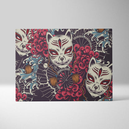 Kitsune mask pattern canvas wall art with white fox masks red accents pink chrysanthemums and blue ocean waves on black background