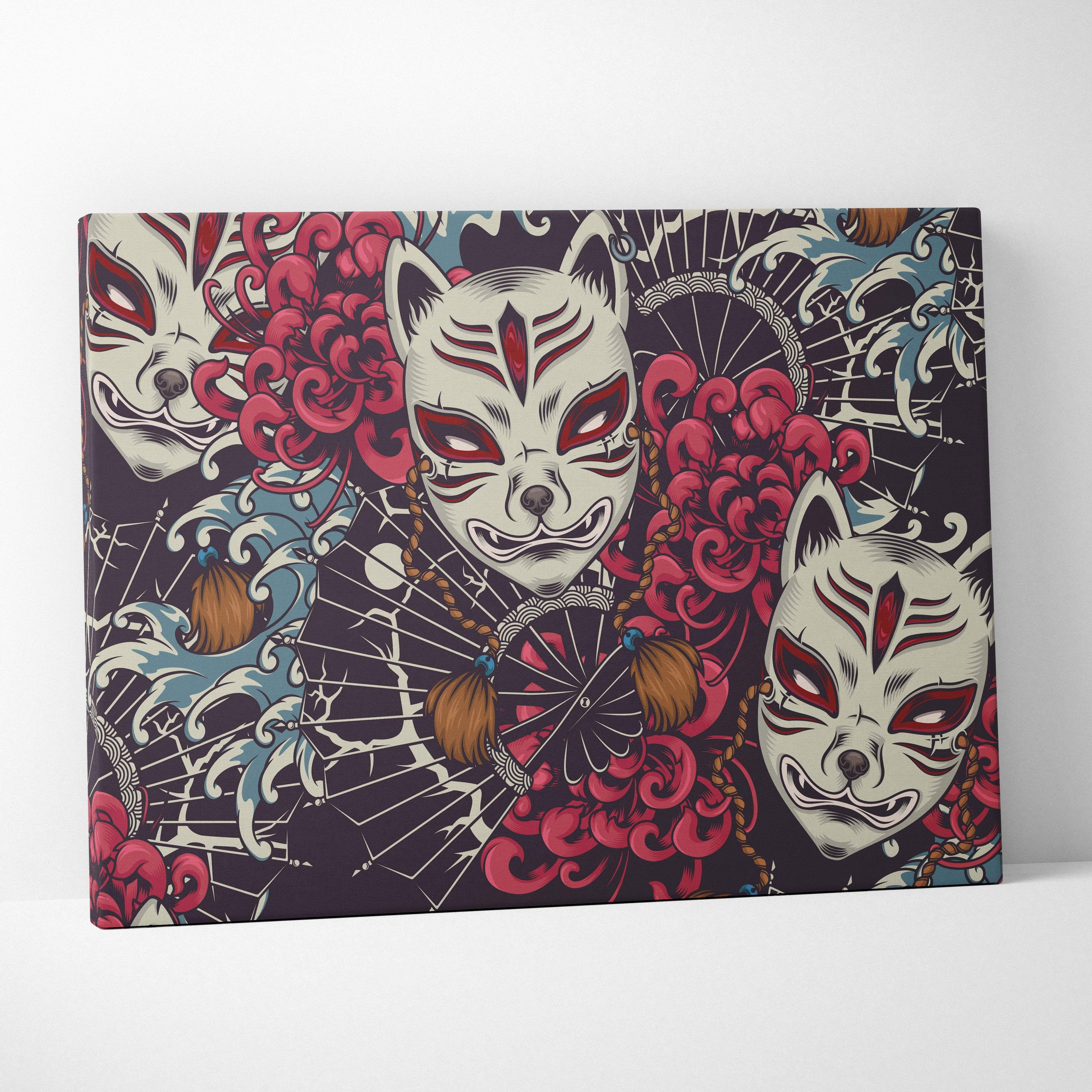 A vibrant canvas wall art featuring white kitsune masks with red accents and pink chrysanthemums on black background