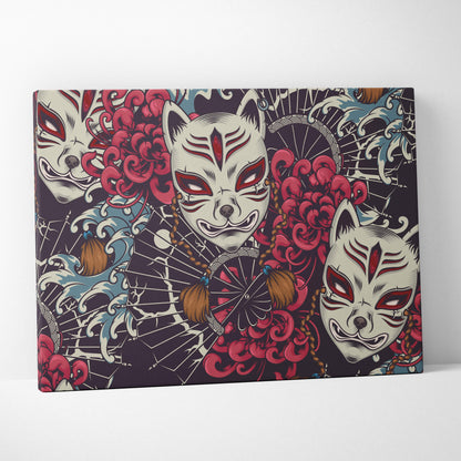 A vibrant canvas wall art featuring white kitsune masks with red accents and pink chrysanthemums on black background