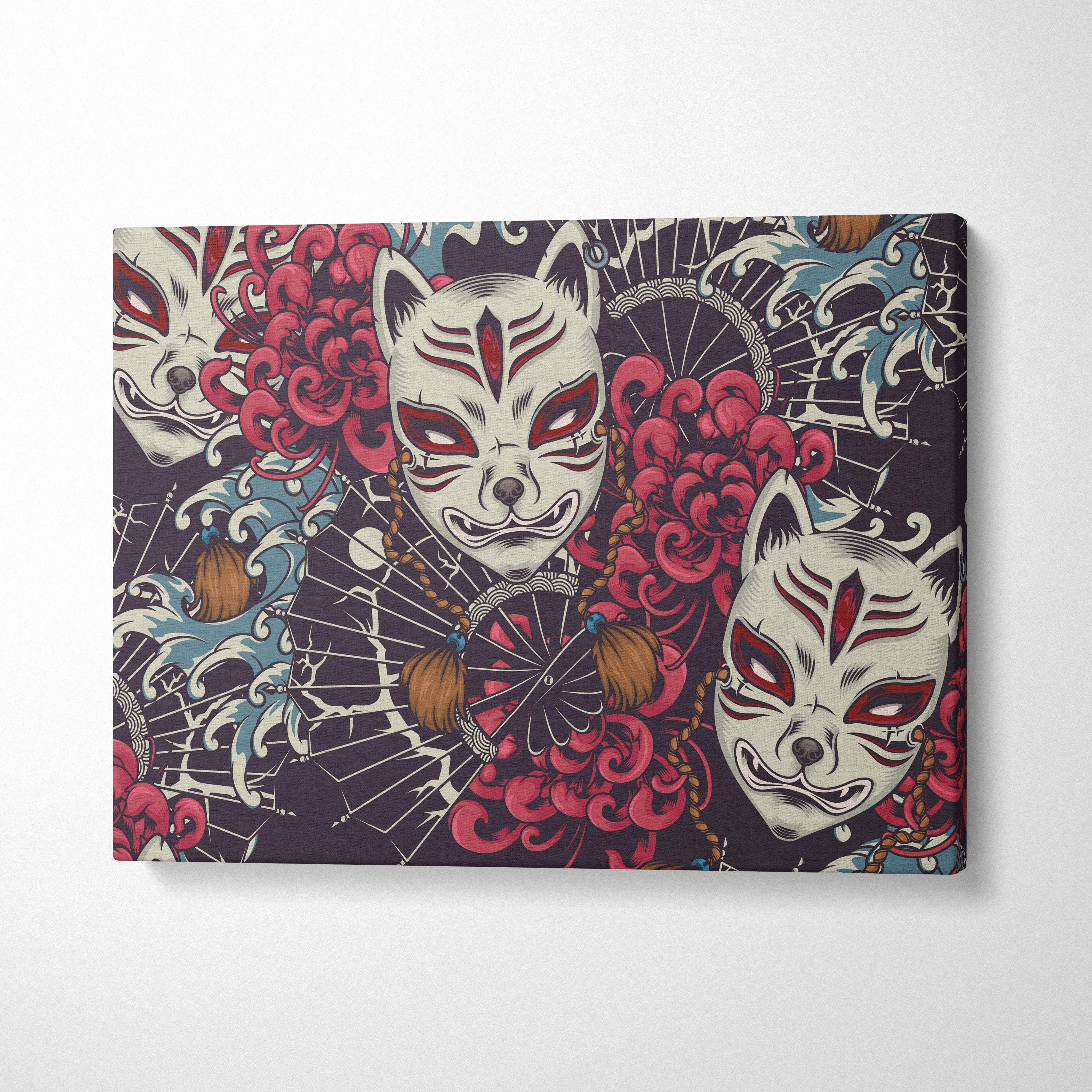 Kitsune mask pattern canvas wall art featuring white fox masks with red accents and bold pink chrysanthemums on black background