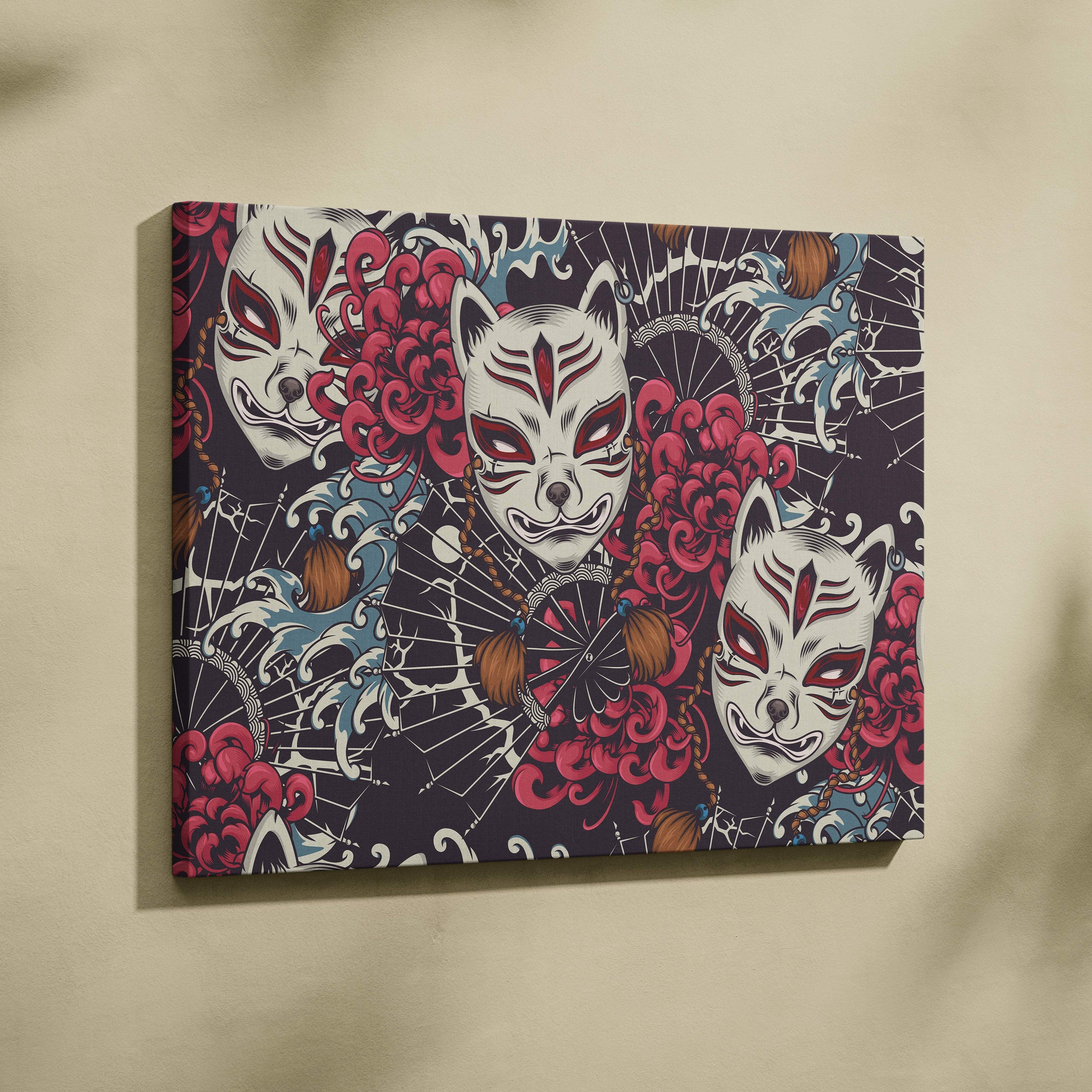 A vibrant kitsune mask pattern canvas wall art with white fox masks red accents pink chrysanthemums and blue waves on black background