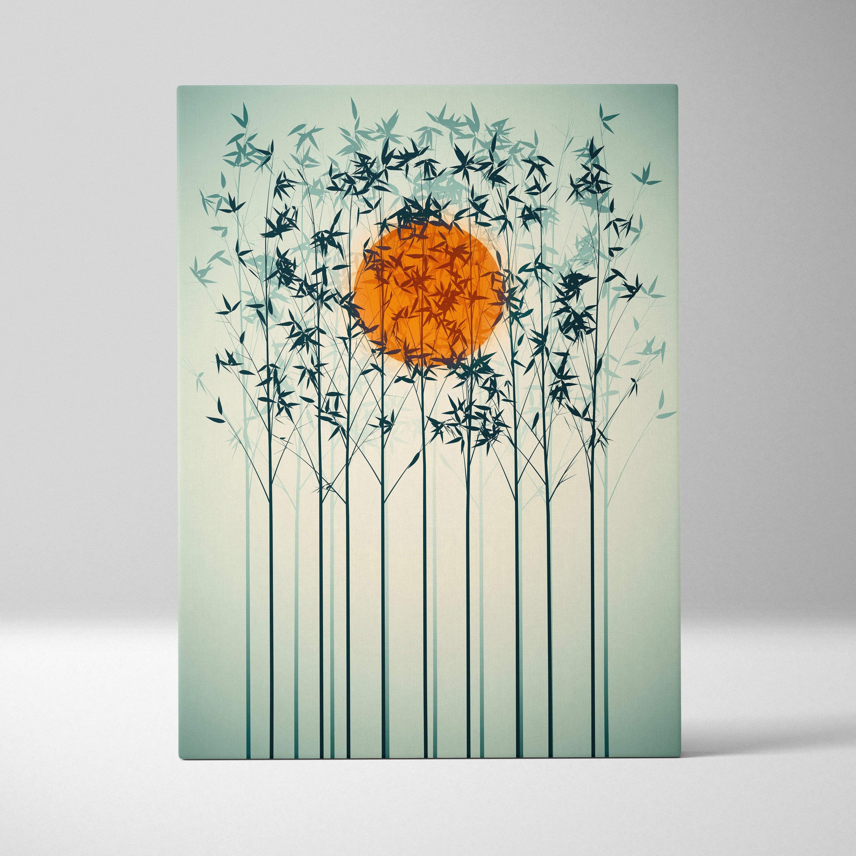 Contemporary bamboo sunset canvas wall art with stylized dark green bamboo and orange sun on mint green background