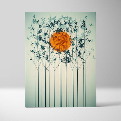 Contemporary bamboo sunset canvas wall art with stylized dark green bamboo and orange sun on mint green background