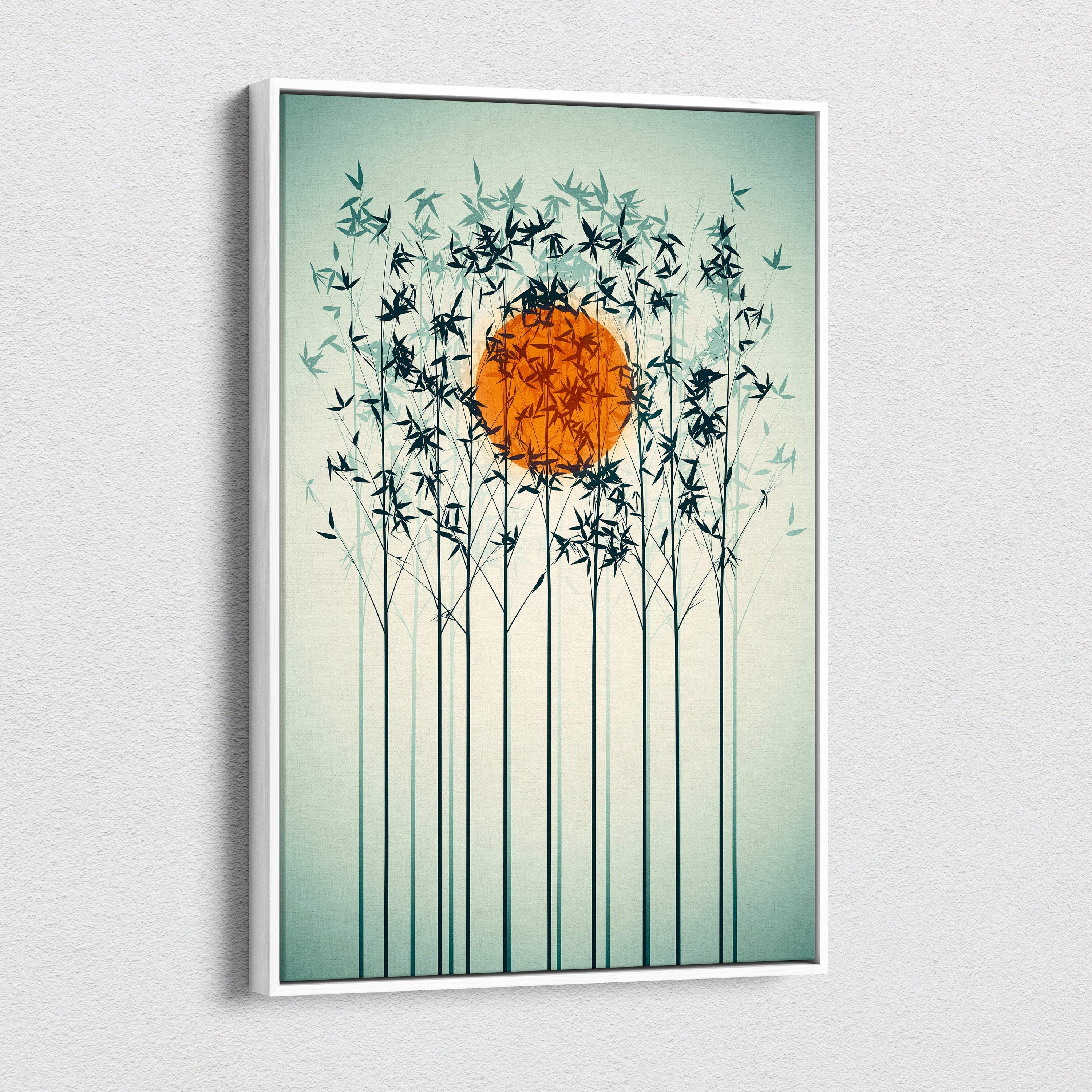 Contemporary bamboo sunset canvas wall art featuring dark green and black bamboo silhouettes with an orange sun on teal background