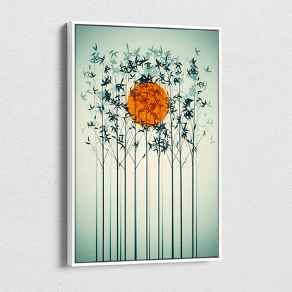 Contemporary bamboo sunset canvas wall art featuring dark green and black bamboo silhouettes with an orange sun on teal background