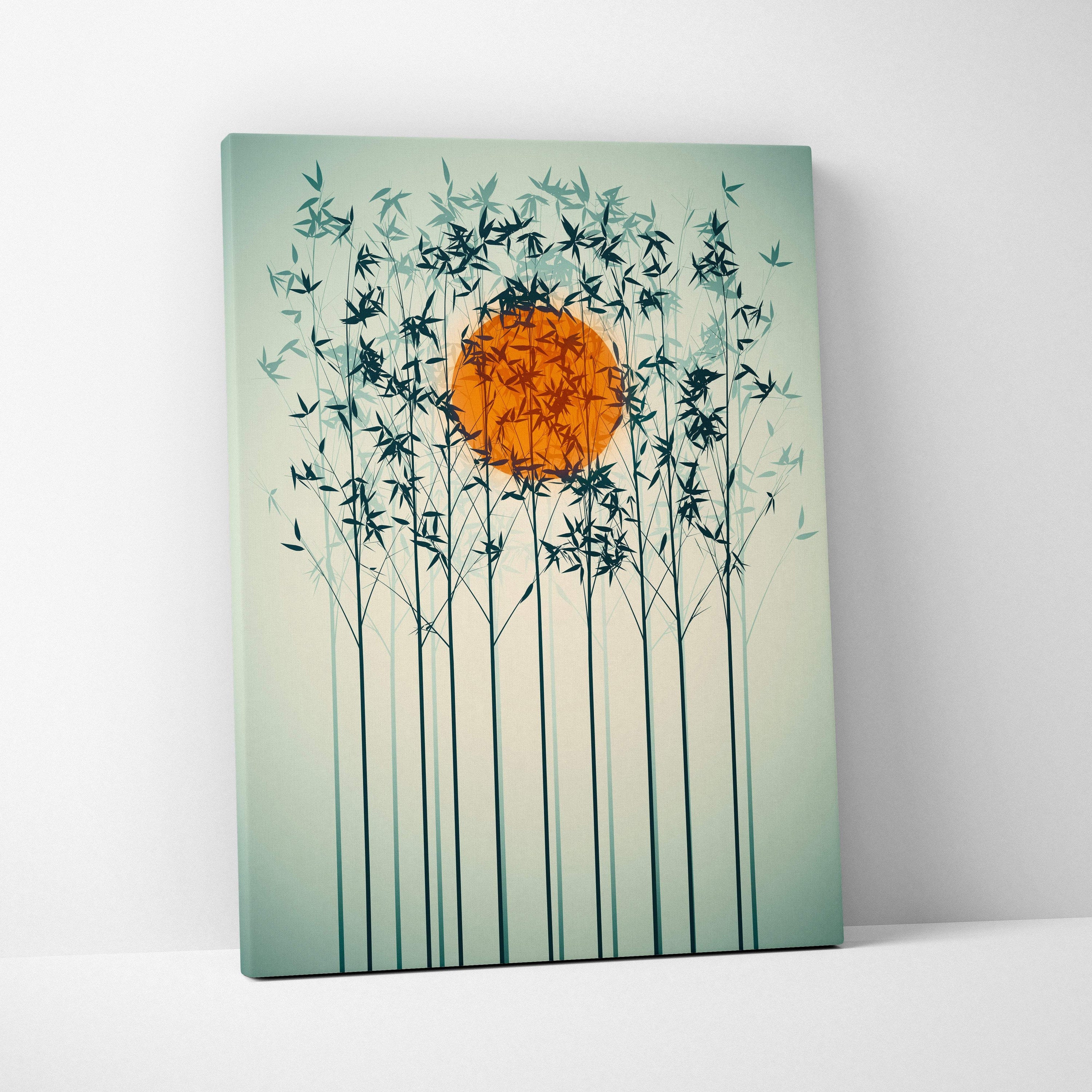 A modern canvas print featuring an orange sun partially obscured by teal green bamboo stalks in a zen bedroom decor style