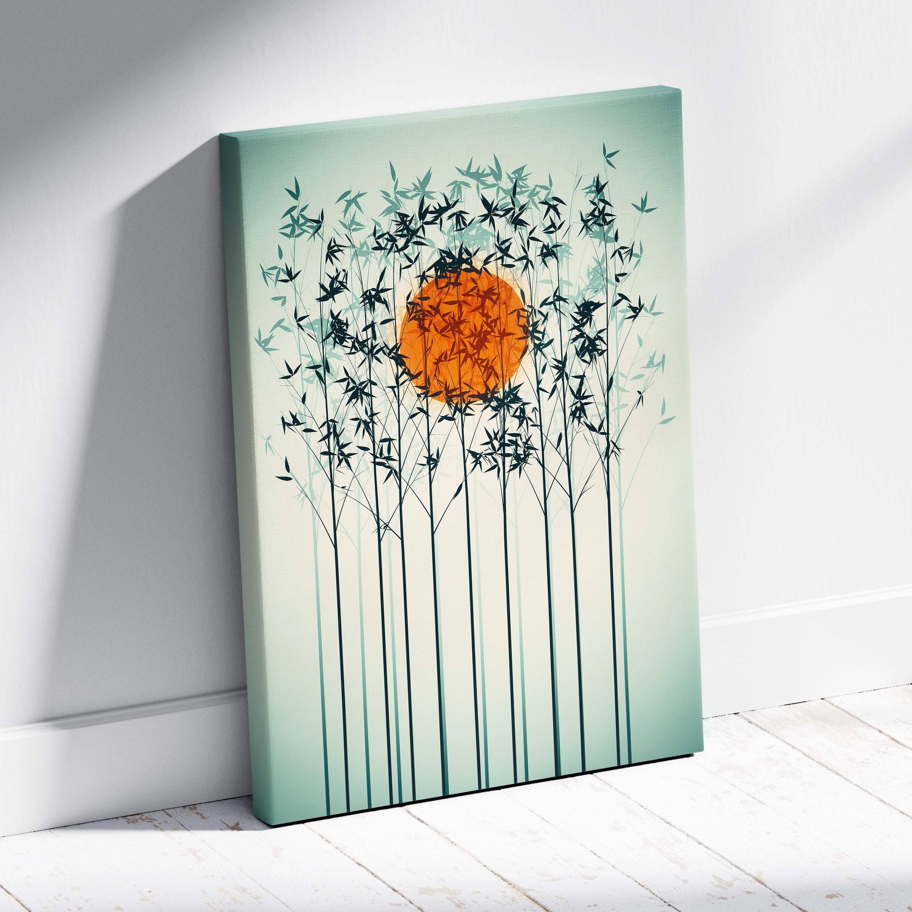 A modern canvas print of stylized dark green bamboo silhouettes with an orange sun on a soft mint green background