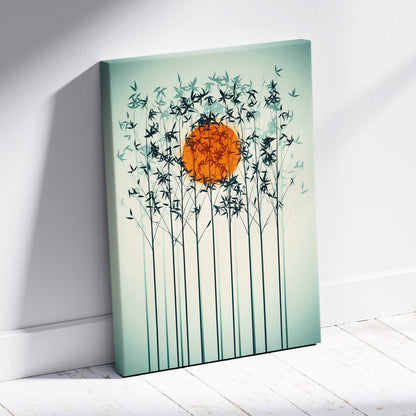 A modern canvas print of stylized dark green bamboo silhouettes with an orange sun on a soft mint green background