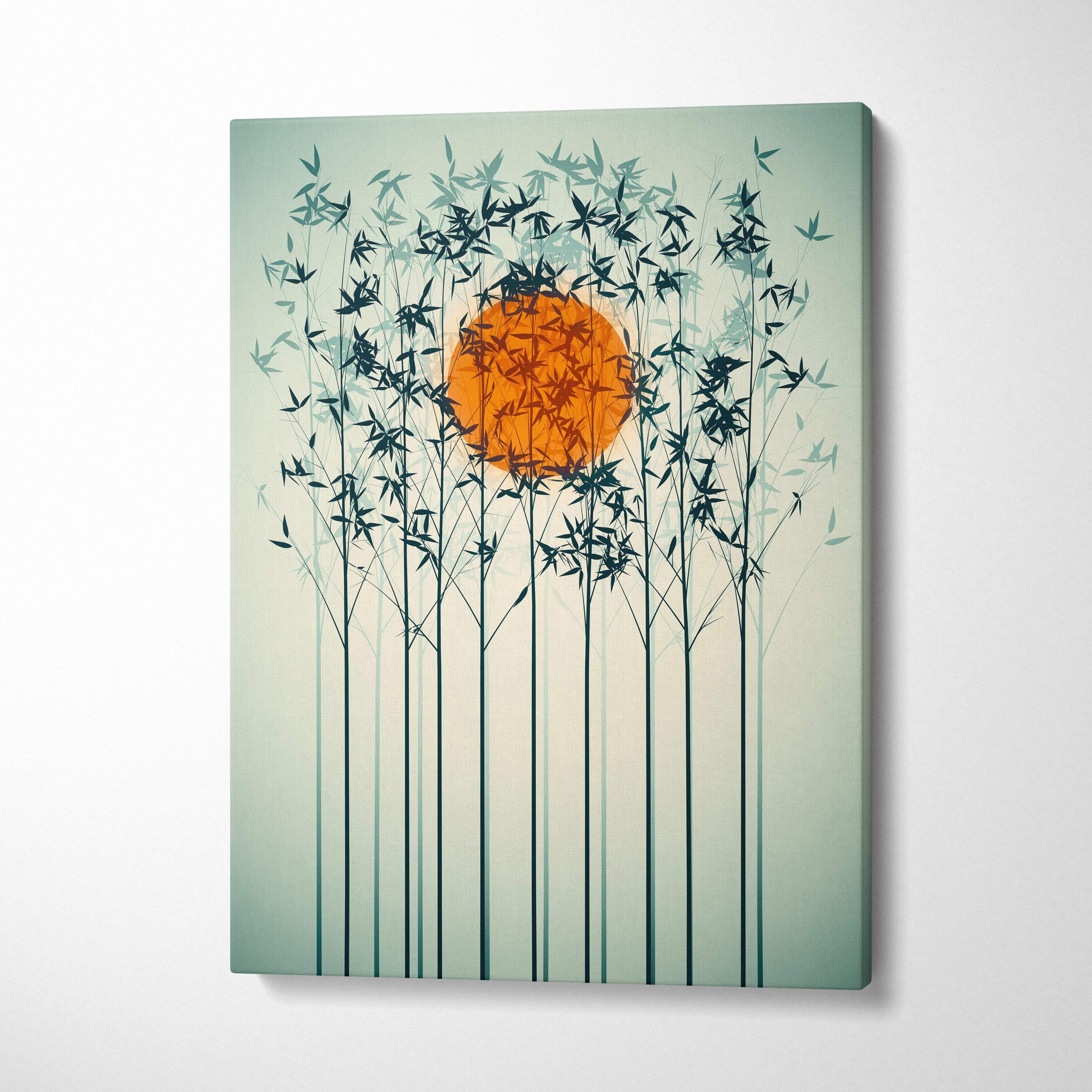 Contemporary bamboo sunset canvas wall art with vibrant orange sun and dark green bamboo on a teal gradient background