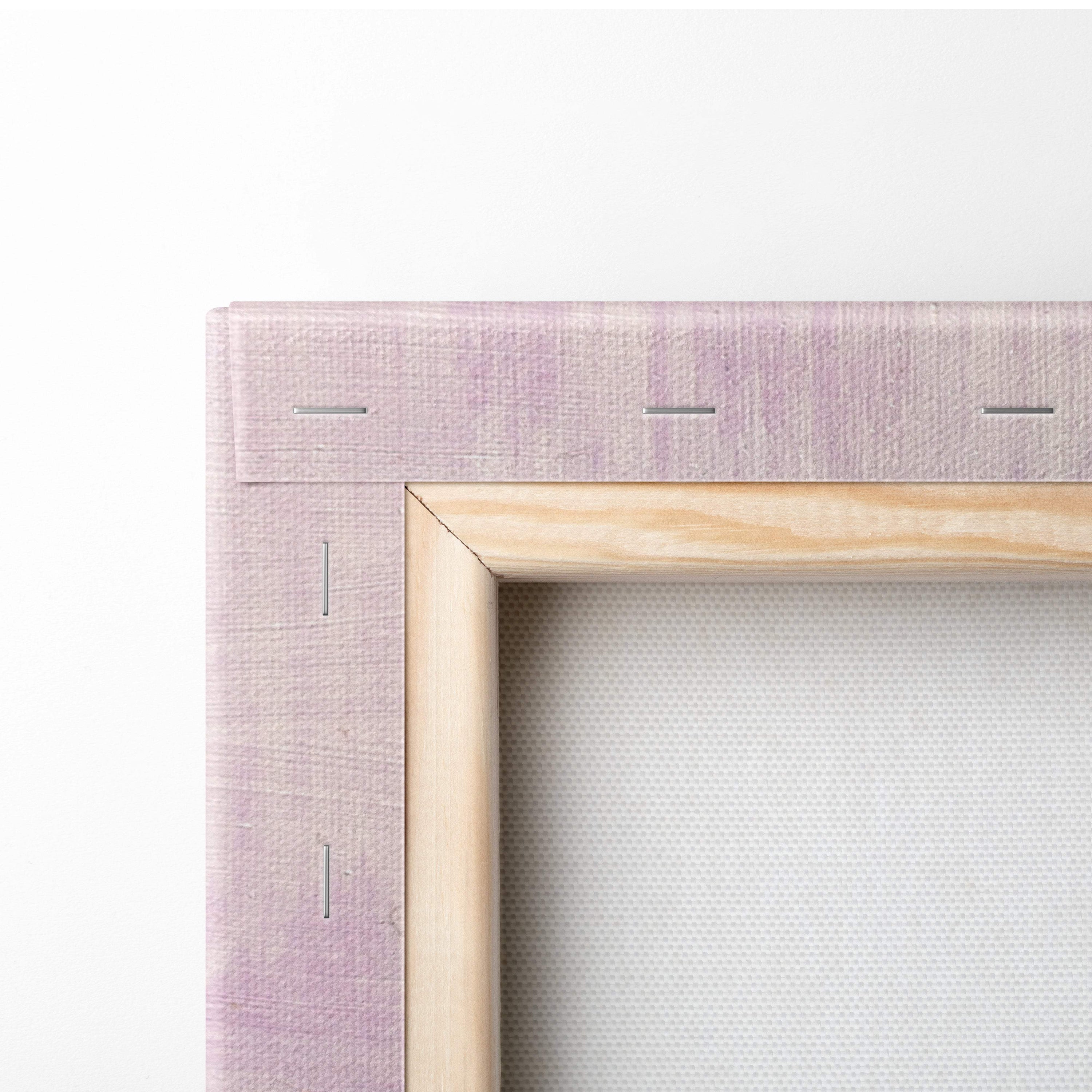Light purple textured canvas print with natural wood border pastel city skyline by the water wall art